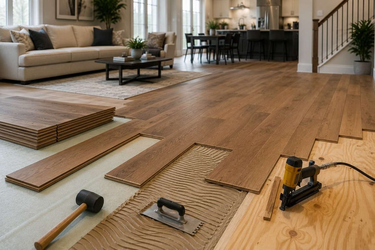 Engineered hardwood planks beside a notched trowel, mallet and jigsaw on a partly installed floor, showing glue-down and nail-down tools.