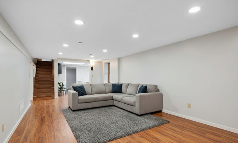 A finished basement with a warm wood-look floor, a grey sectional sofa and a shag rug.