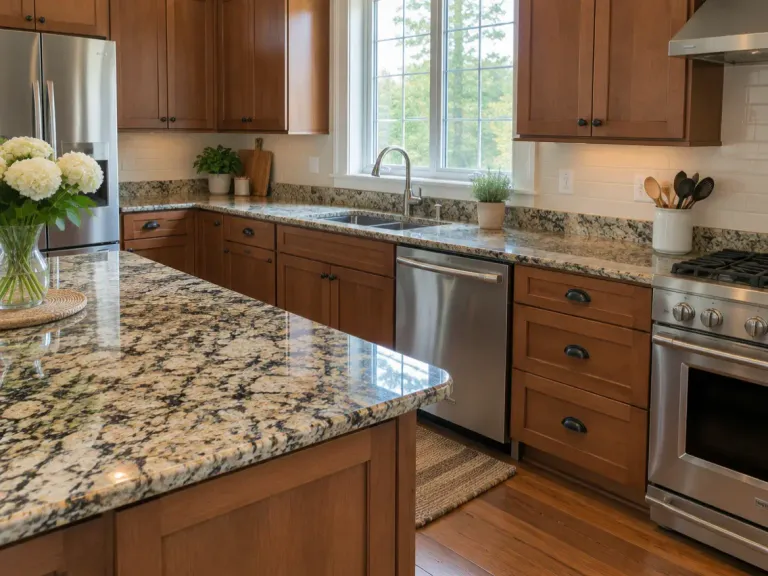 A kitchen with speckled natural granite countertops in brown, black and cream over wood cabinets.