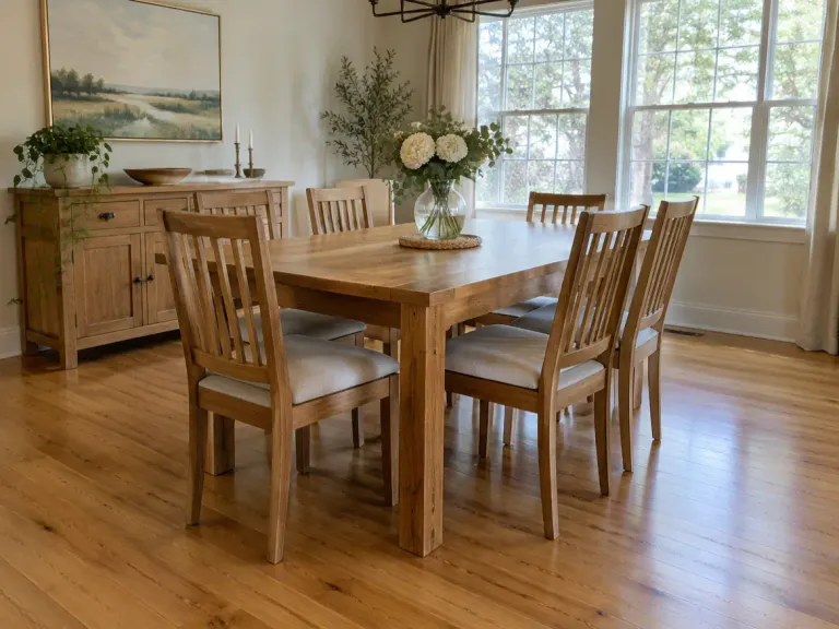A dining room with a warm natural oak hardwood floor and a wood table and chairs.