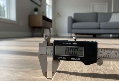 A digital caliper measuring the thickness of a pale wood-look plank, with a grey sofa behind.