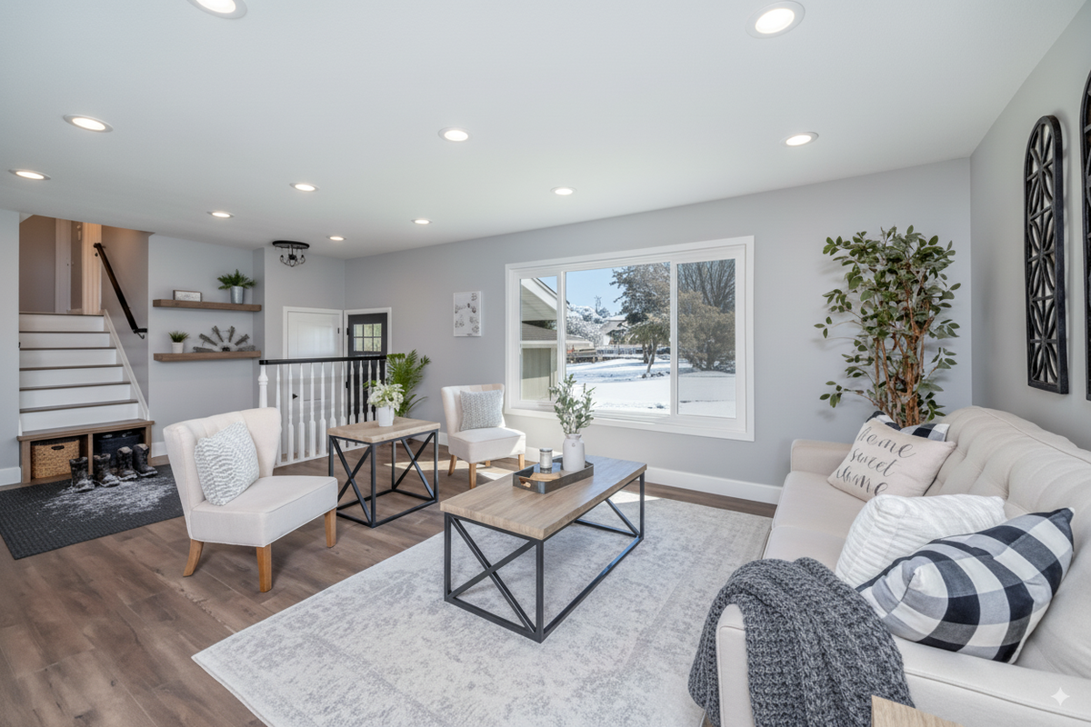 A split-level living room with grey wood-look plank flooring, white armchairs and a sofa.
