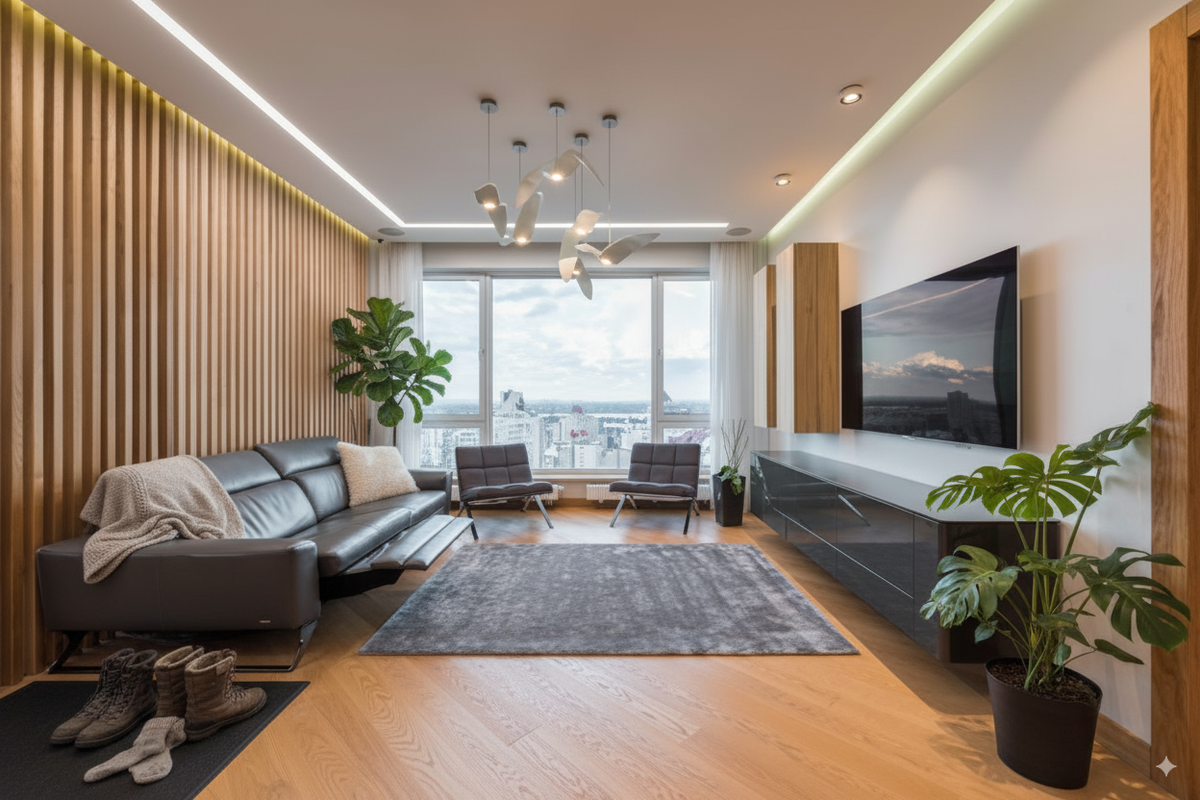 A living room with a warm wood floor, a black leather sofa and a wood slat feature wall.