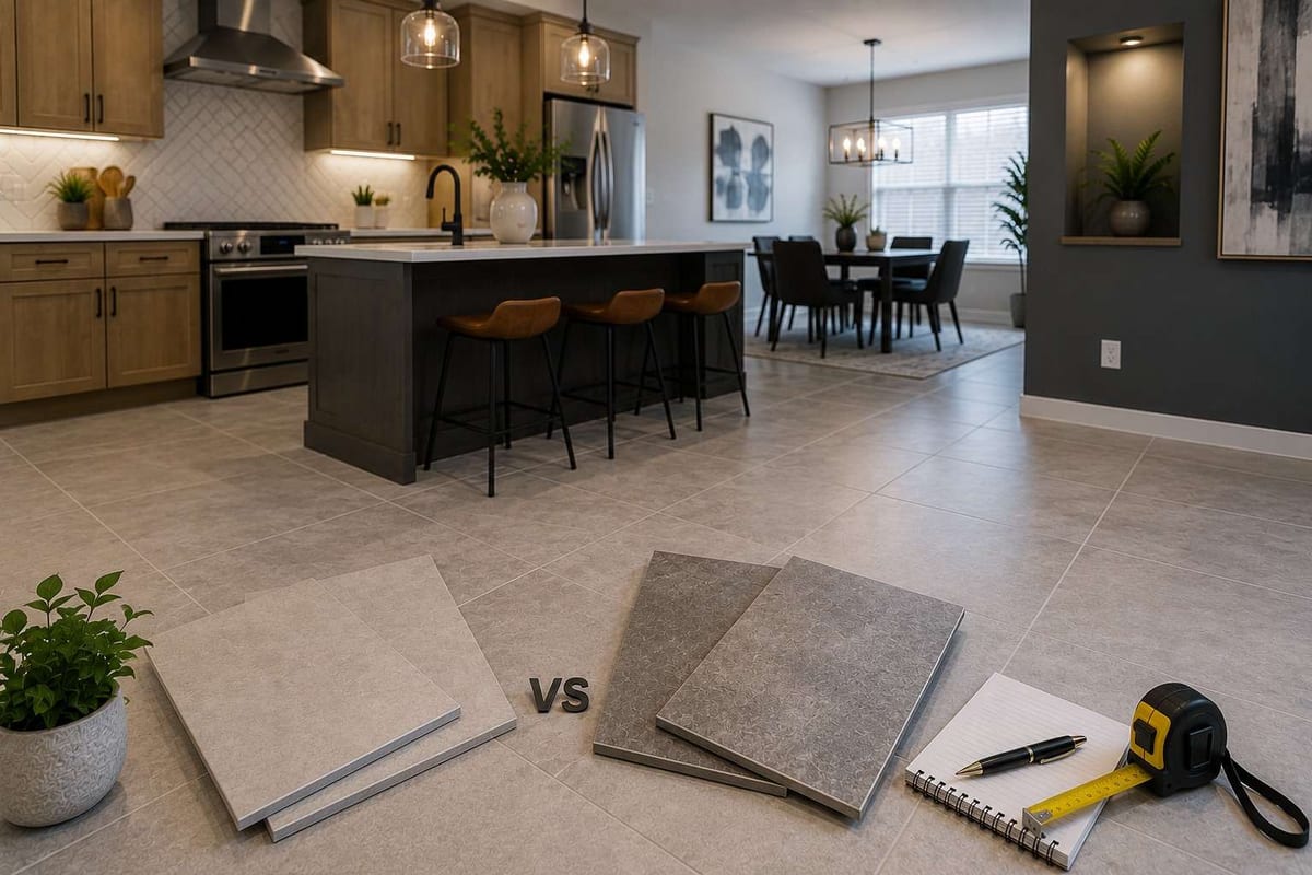 Porcelain and ceramic tile samples labelled with a VS marker on a grey tile floor in an open kitchen and dining area.