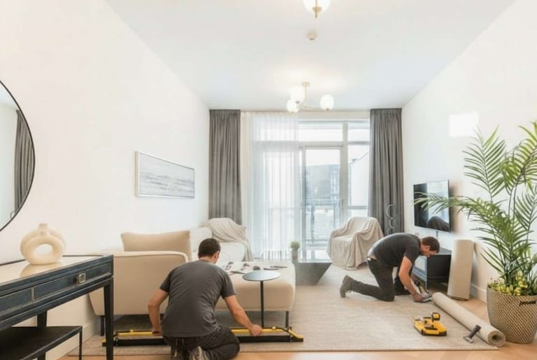 Two installers laying flooring in a bright living room around the furniture.
