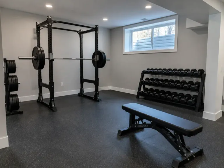 A basement home gym with black rubber flooring, a squat rack, a weight bench and a dumbbell rack.