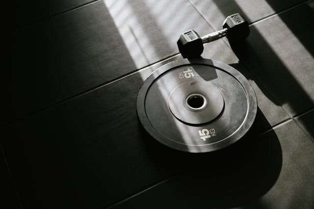 A dumbbell resting on a weight plate on a black rubber gym floor in sunlight.
