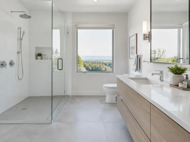 A modern bathroom with a walk-in glass shower and large-format light grey porcelain floor tile.