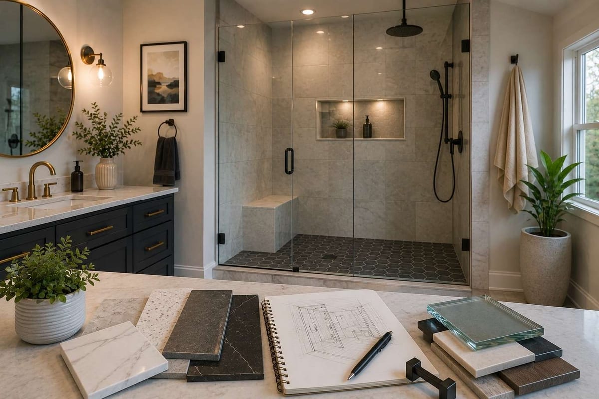 A frameless glass shower with a tiled niche, alongside stone samples and a notebook of shower drawings on the counter.