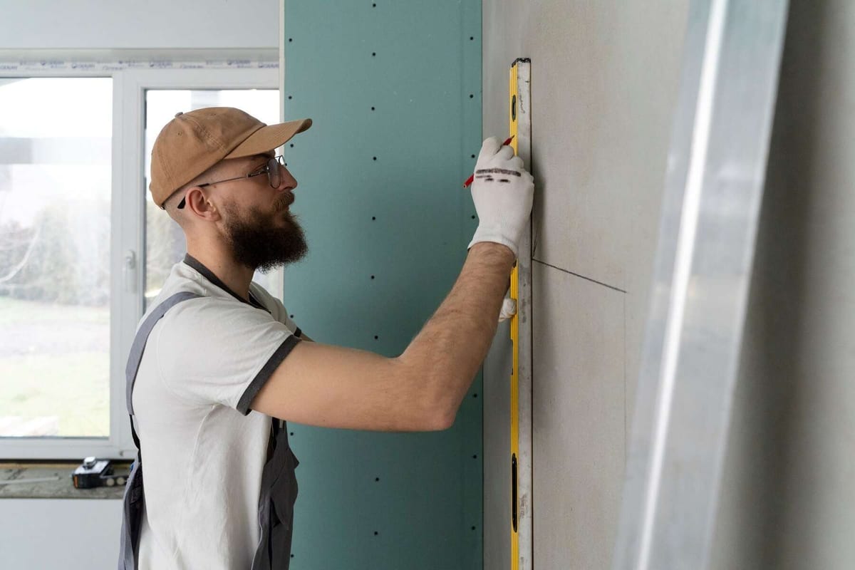 A tradesperson in a cap measuring a green moisture-resistant wall board with a tape measure during a renovation.