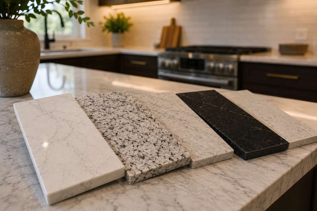 Speckled granite and dark stone countertop samples resting on a white marble-look counter in a kitchen.