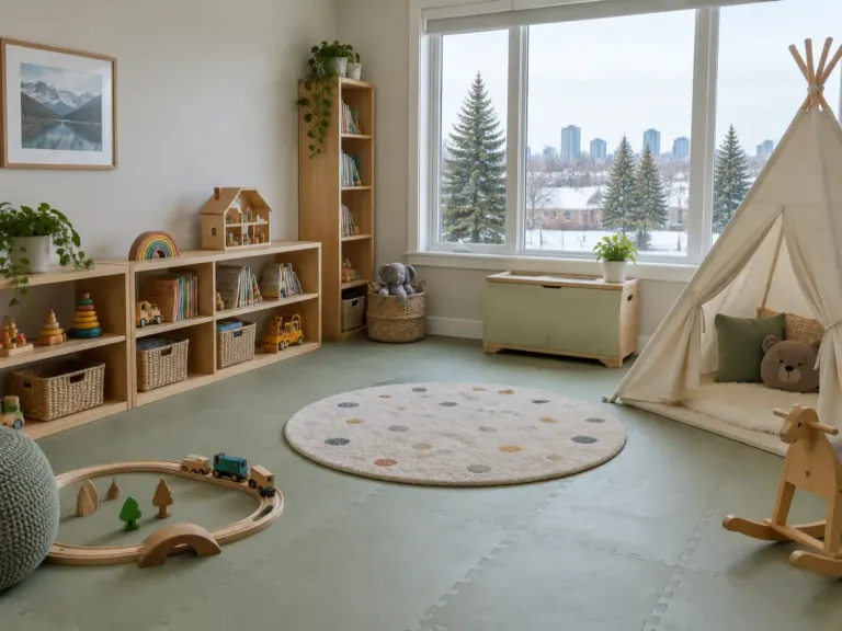 A bright playroom with soft sage-green cushioned rubber flooring, low toy shelves and a play tent.