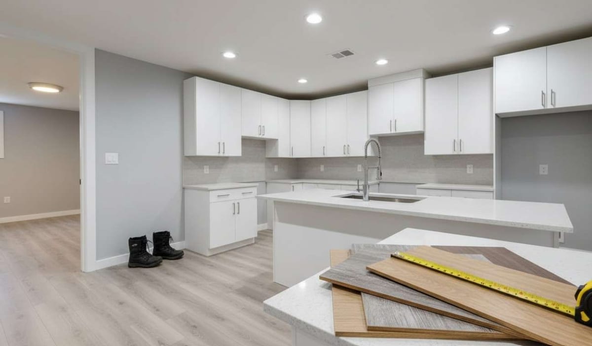 A new white kitchen with flooring samples and a tape measure on the island, over light grey wood-look flooring.