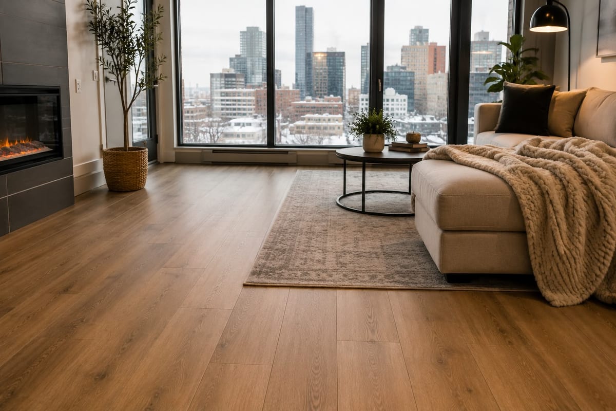 A city-view living room with wide warm-brown wood planks, a cream sofa and a fireplace.