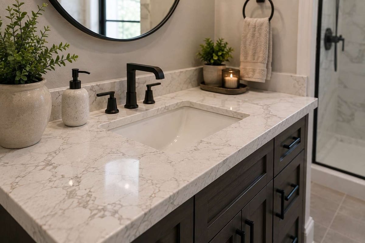 Bathroom vanity with a marble-look quartz countertop, an undermount sink, black tapware and a round mirror.