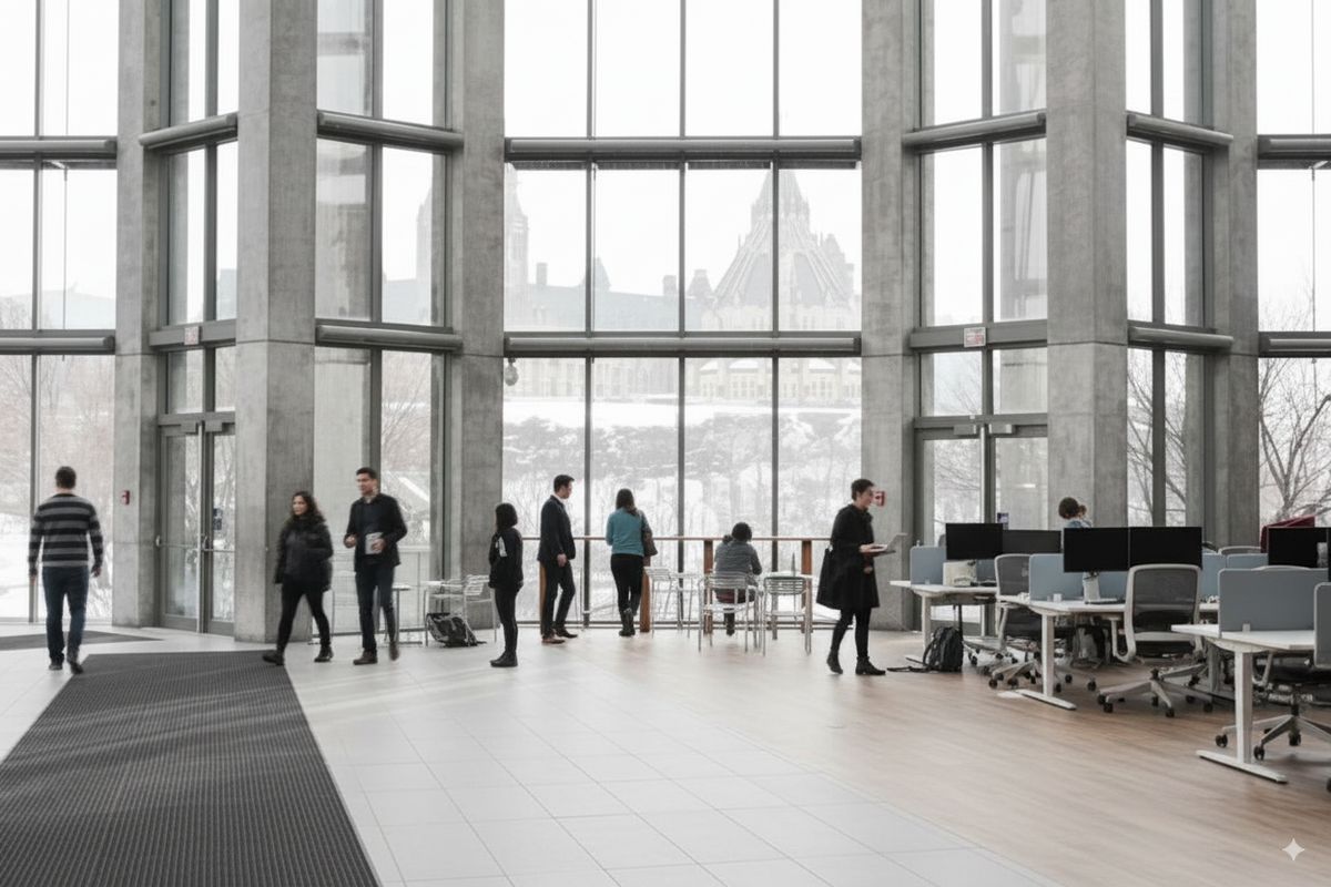 A tall glass-walled office lobby with pale large-format tile and people walking through.