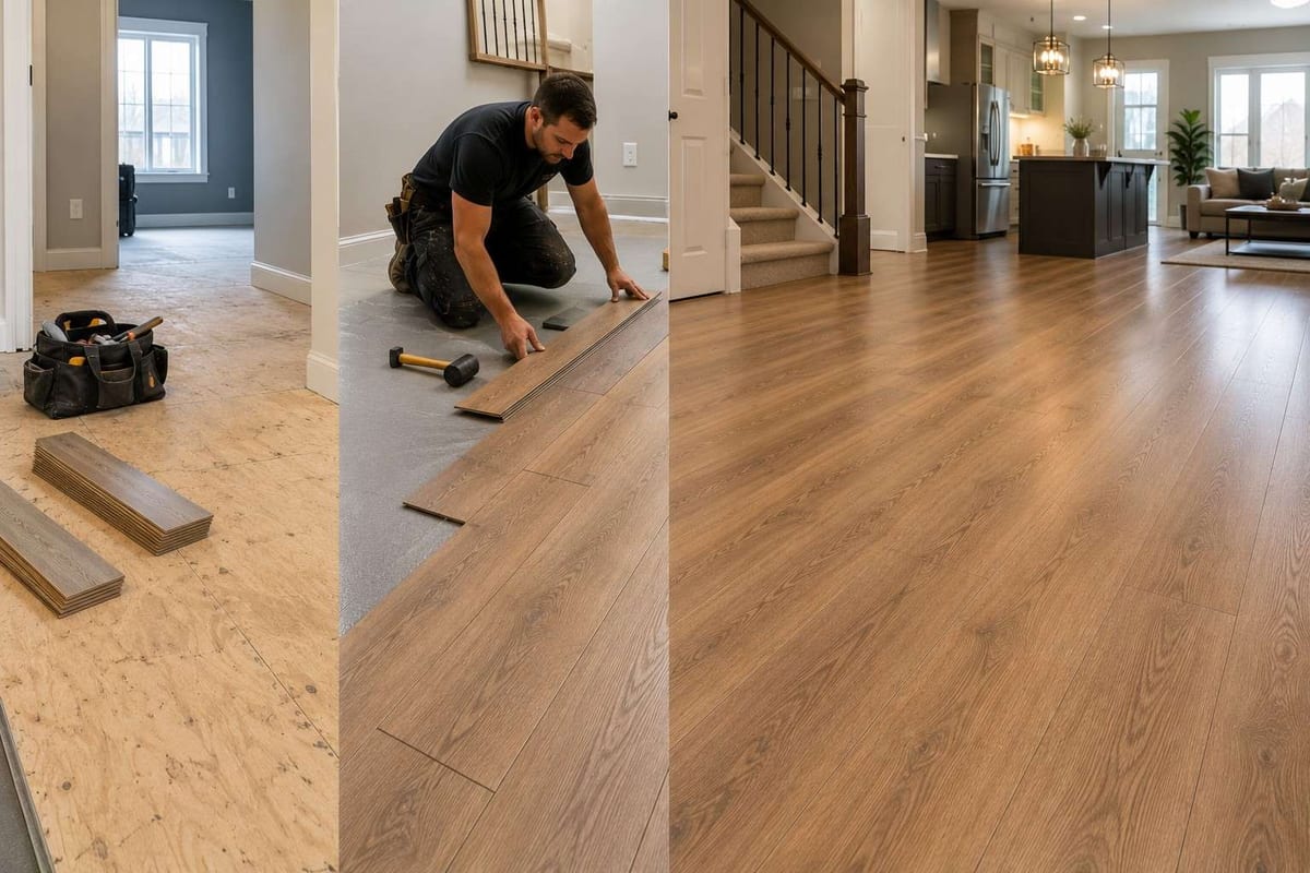 Three-panel sequence showing a plank floor going in, from bare subfloor to underlay to finished flooring.