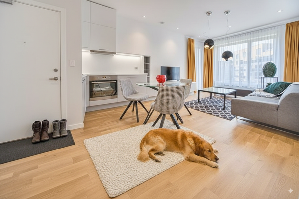A golden retriever lying on a cream rug over a light oak floor in an open-plan living room.