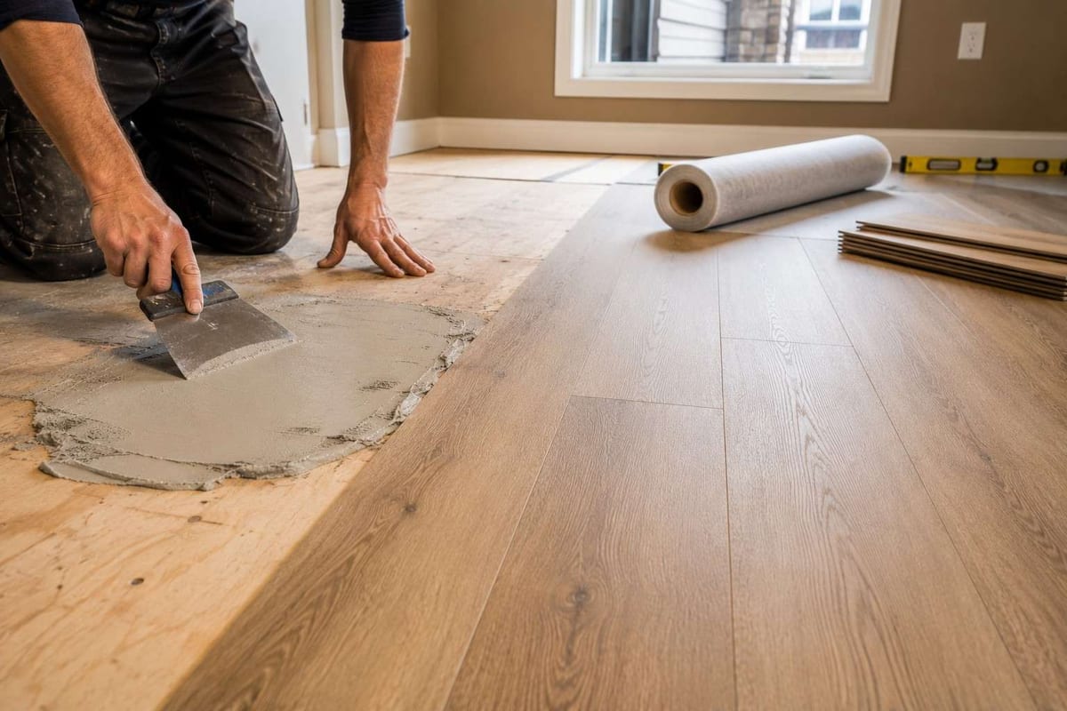 A worker troweling levelling compound onto a subfloor next to installed wood-look planks and a roll of underlay.