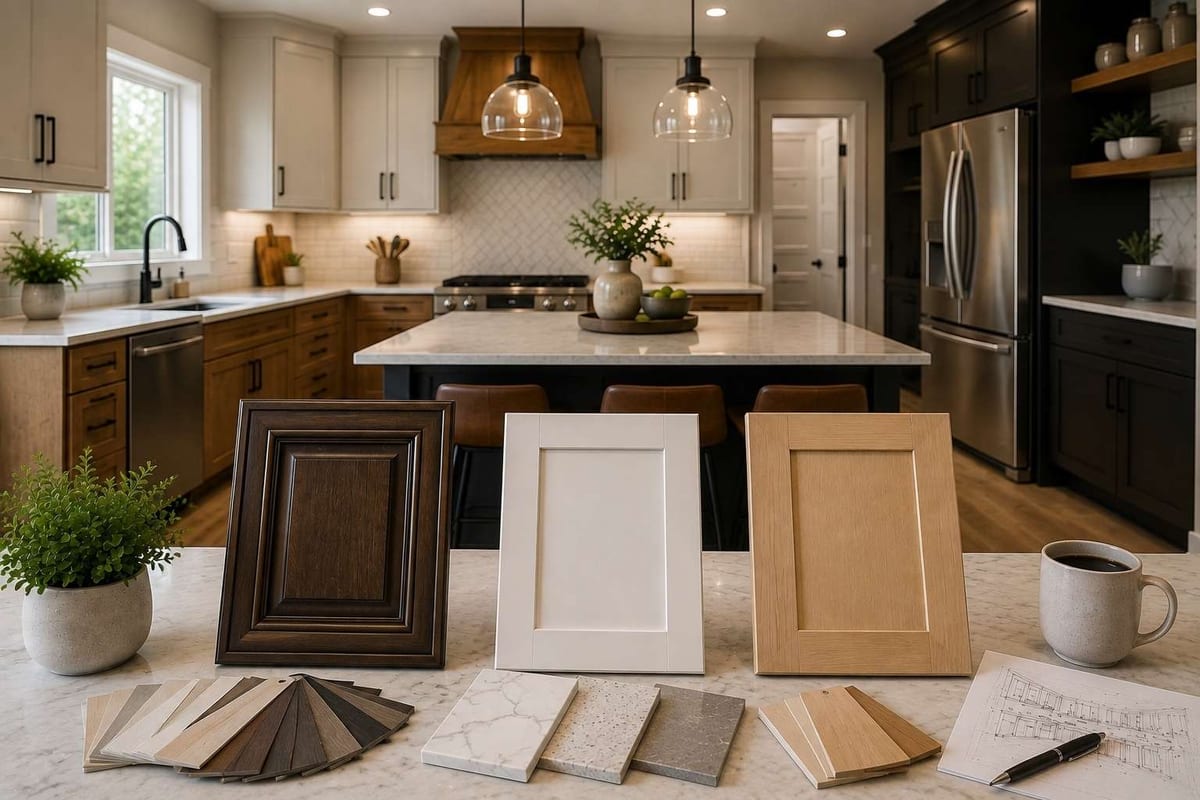Three cabinet door samples in dark stain, white paint and natural wood, propped on a kitchen island with finish swatches.