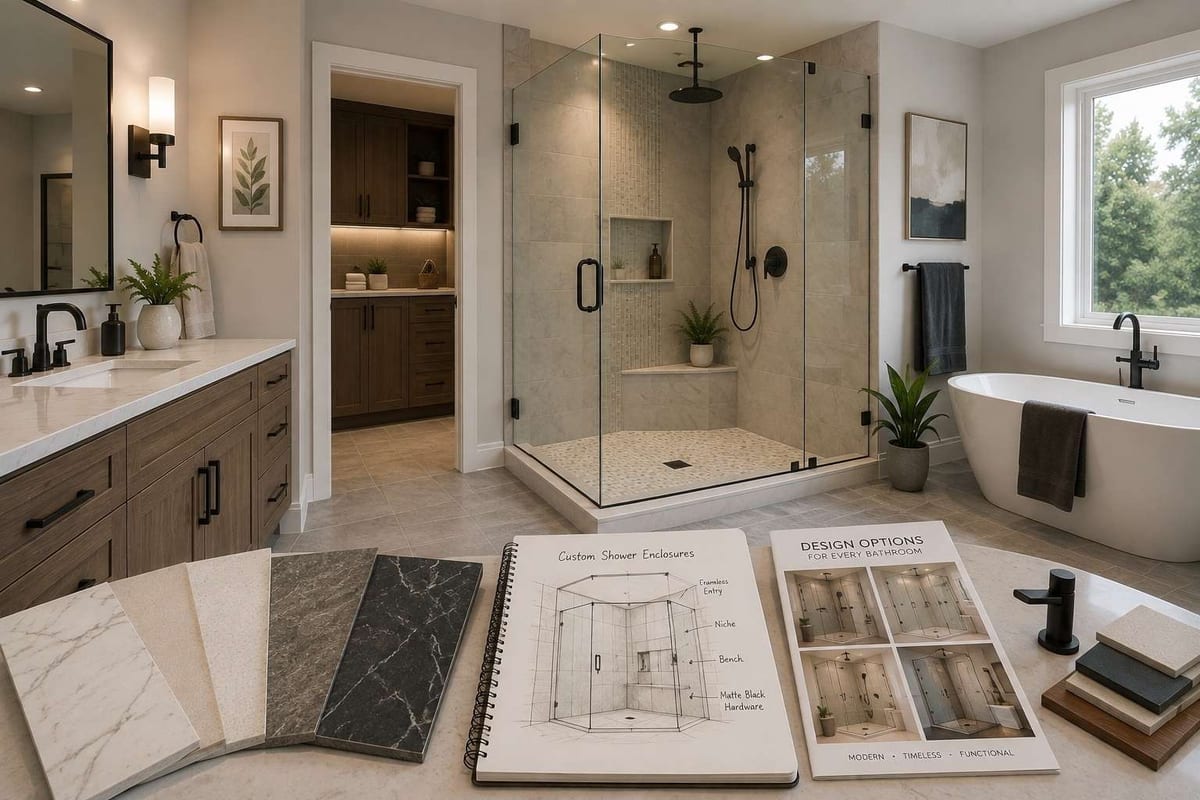 A frameless glass shower enclosure with a built-in bench, beside stone samples and a binder of shower design drawings.