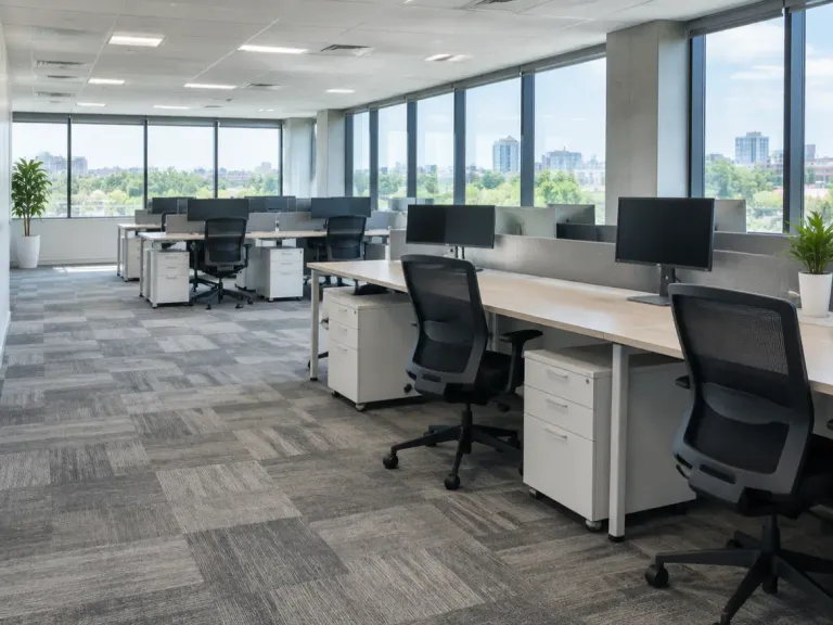 An empty open-plan office with grey patterned carpet tile flooring, desks and large windows.