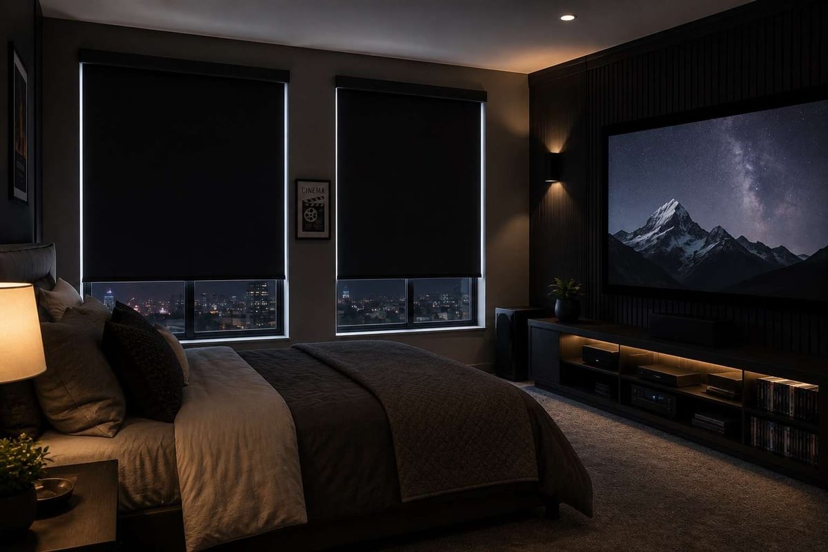 Black blackout roller blinds fully lowered over two bedroom windows in a dark room with a wall-mounted screen.