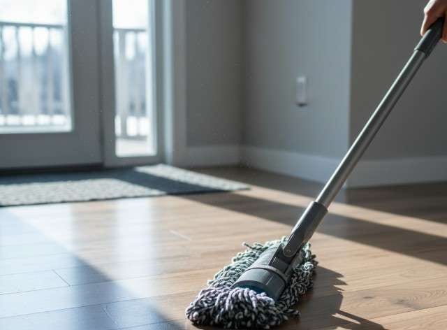 A flat mop cleaning a light wood-look floor in sunlight.