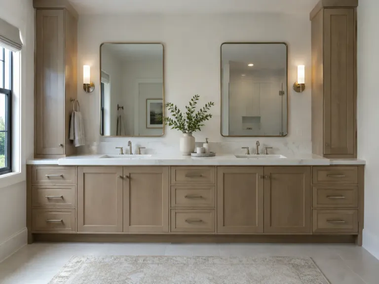 A bathroom with a custom wood vanity built wall to wall, with a quartz top and two sinks.