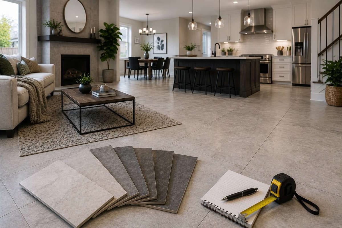 Porcelain and ceramic tile samples in greys and white fanned on a pale tile floor in a living and kitchen space.