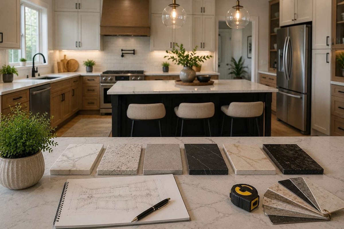 Marble-look, granite and dark stone countertop samples laid on a white quartz island with a notebook and tape measure.
