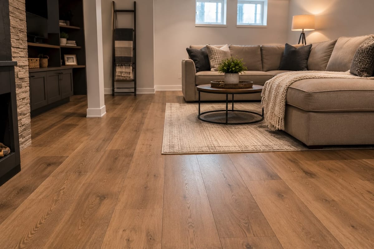 A basement family room with wide warm-brown wood-look planks, a sectional sofa and a stone fireplace.