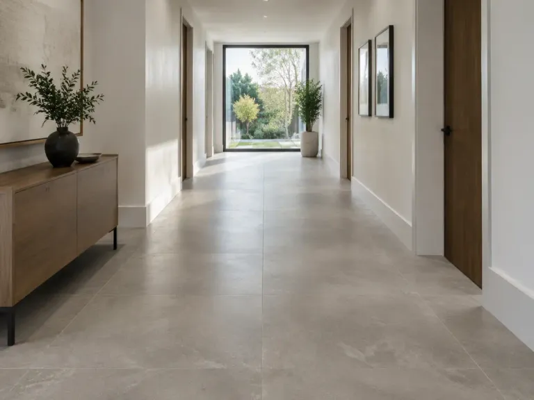 A modern hallway with large-format warm grey stone-look porcelain floor tile.