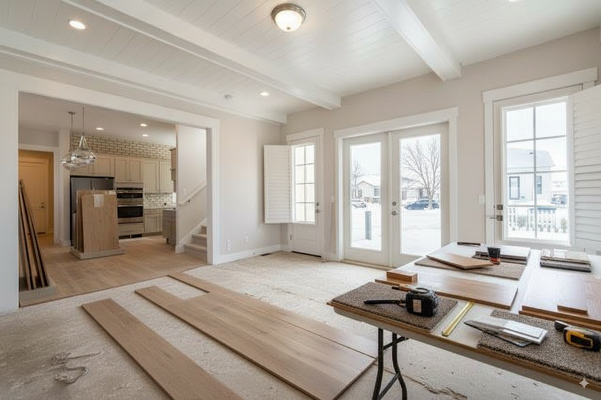 A renovation in progress with light wood flooring planks laid out on a worktable.