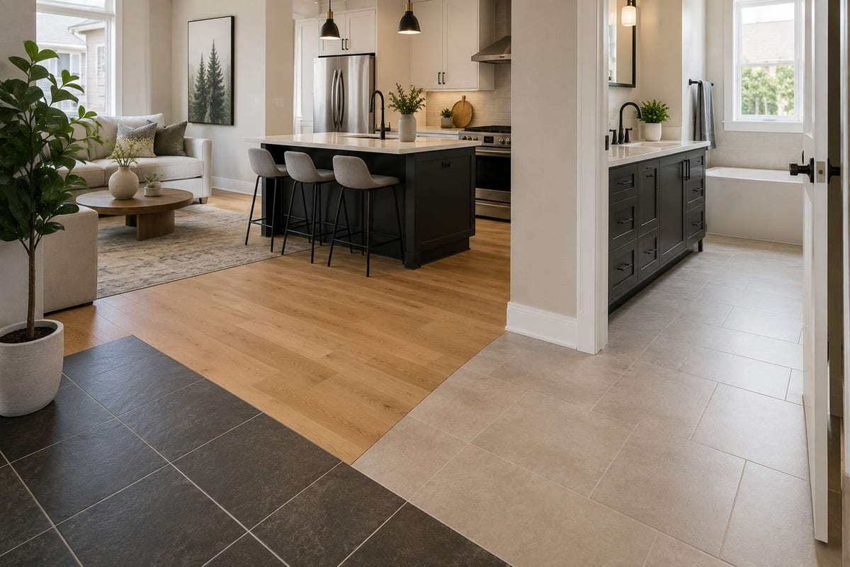 Dark grey tile in an entryway meeting warm wood-look plank flooring at a threshold, with a kitchen beyond.