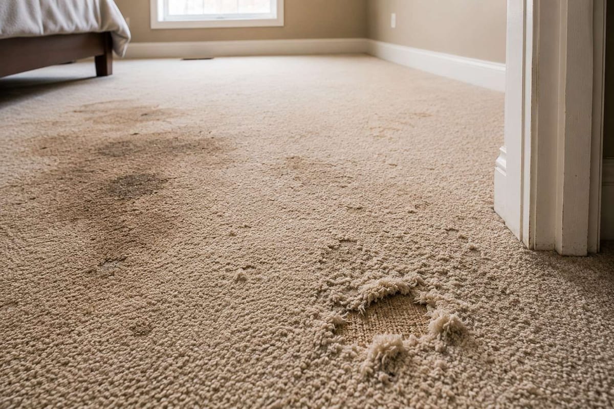 Worn, matted beige carpet with dirt and debris ground into the fibres along a bedroom wall.