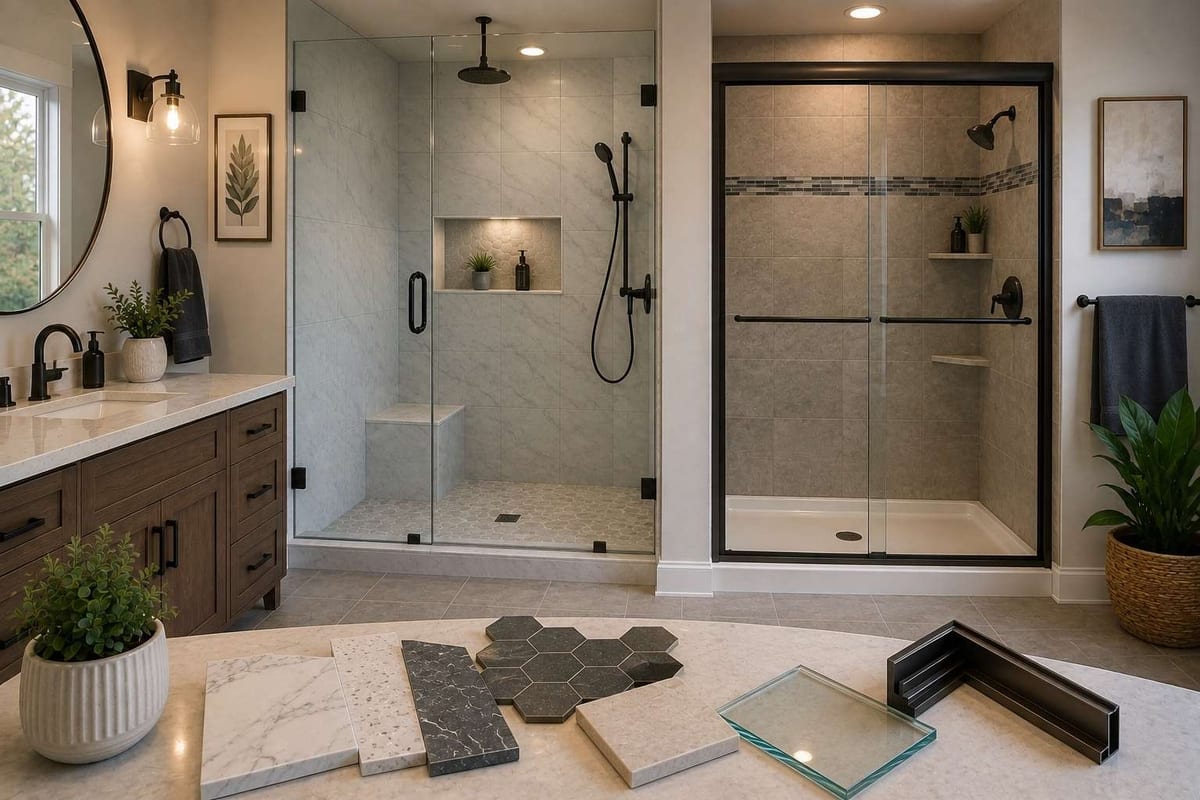 A framed sliding glass shower door beside a walk-in glass enclosure, with hexagon tile samples and a glass edge sample on the floor.
