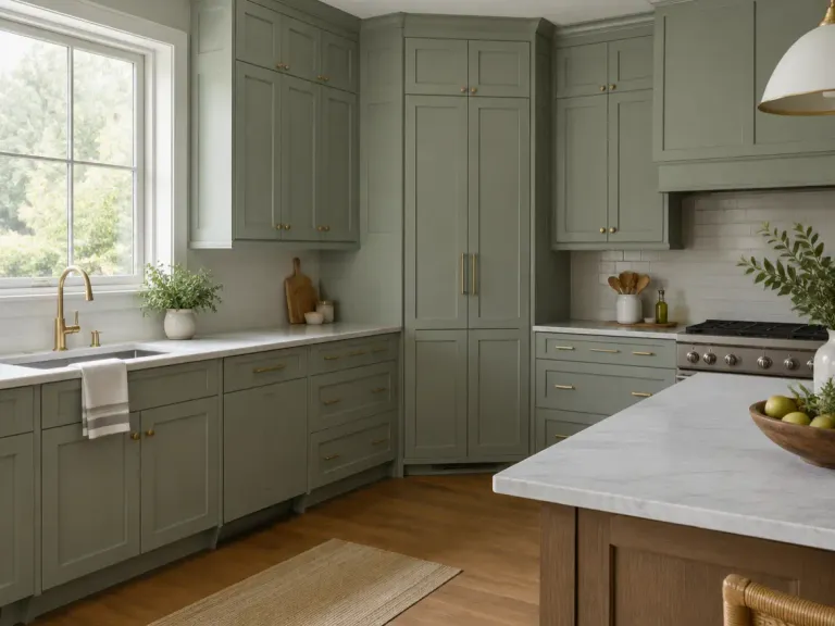 A kitchen with painted shaker cabinets running to the full ceiling height and a corner pantry.
