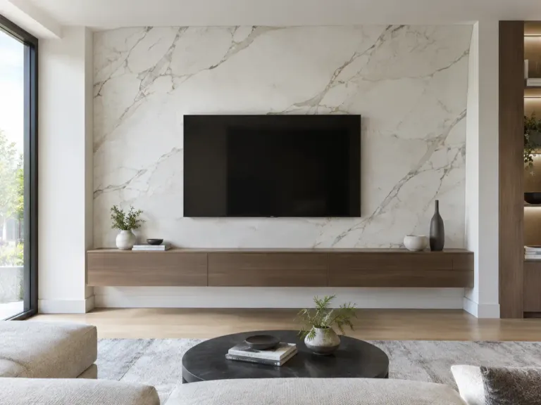 A living room accent wall clad in white veined quartz slab behind a floating media console.