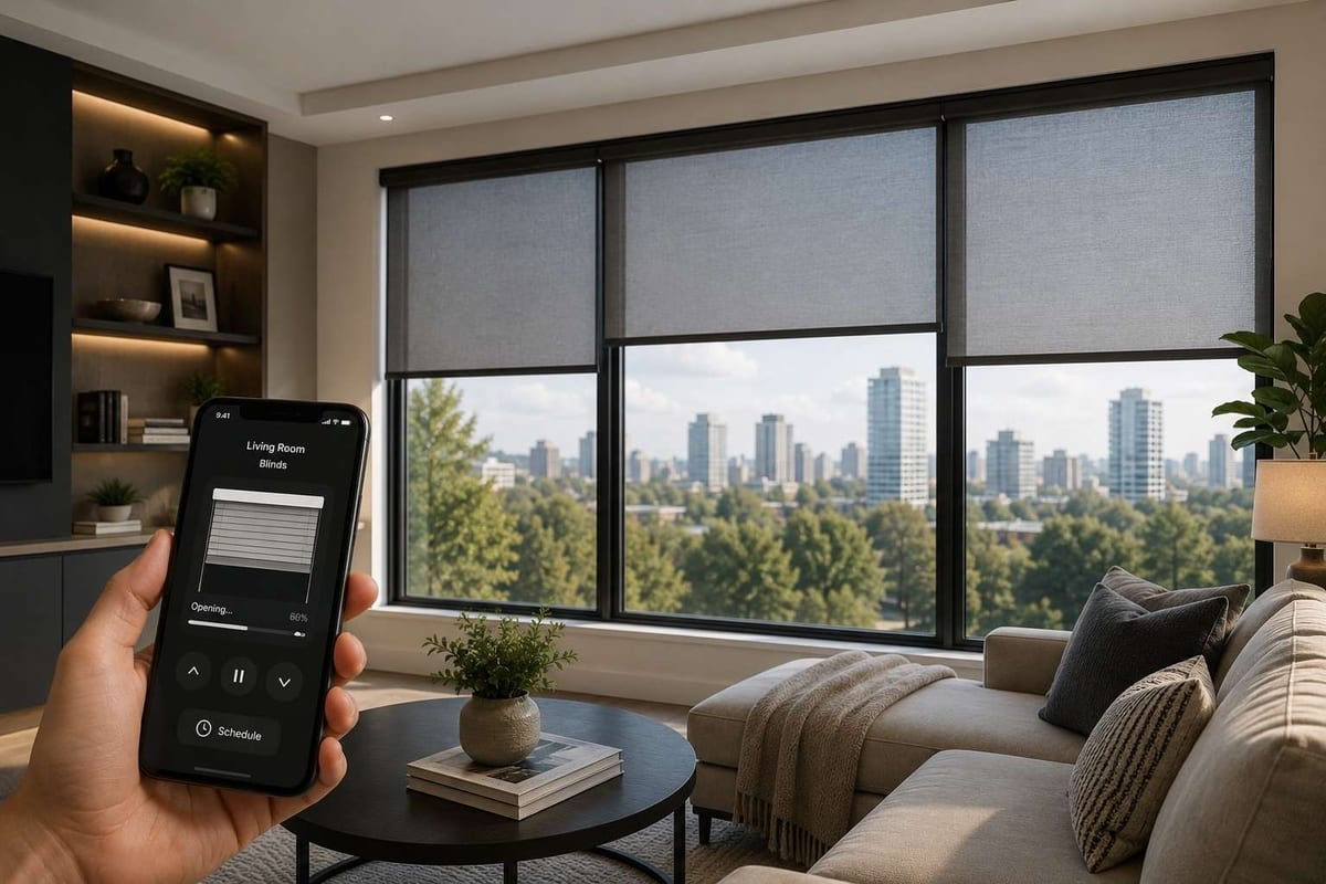 A hand holding a phone app that controls a motorized roller blind lowered over a wide living room window.