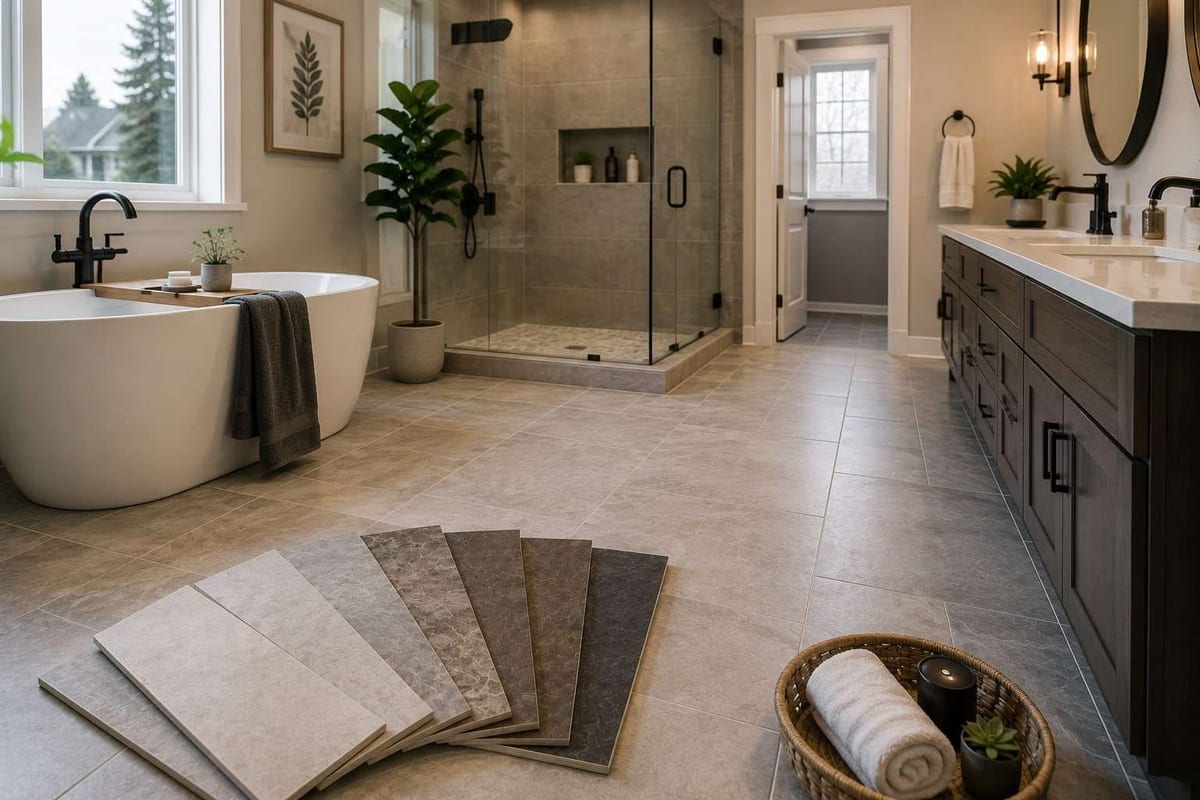 A fan of grey and beige tile samples on the tiled floor of a bathroom with a freestanding tub and glass shower.