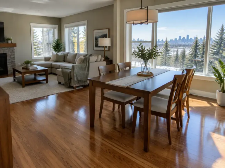 A living and dining room with a refinished medium-brown oak hardwood floor in a satin sheen, lit by large windows.