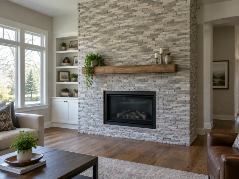 A living room fireplace set in a floor-to-ceiling feature wall of stacked stone-look tile.