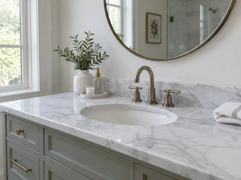 A bathroom vanity with a white veined marble countertop, an undermount sink and a round mirror.