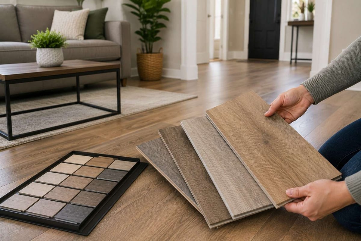 A person fanning out wood-look plank samples and a colour swatch board on the floor of a furnished living room.