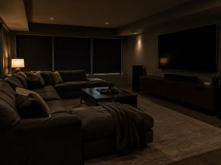 A basement media room with dark blackout shades down and a sectional sofa facing a screen.