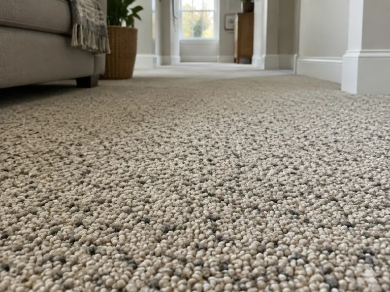 Close-up of oatmeal Berber carpet showing its tight looped, flecked texture.