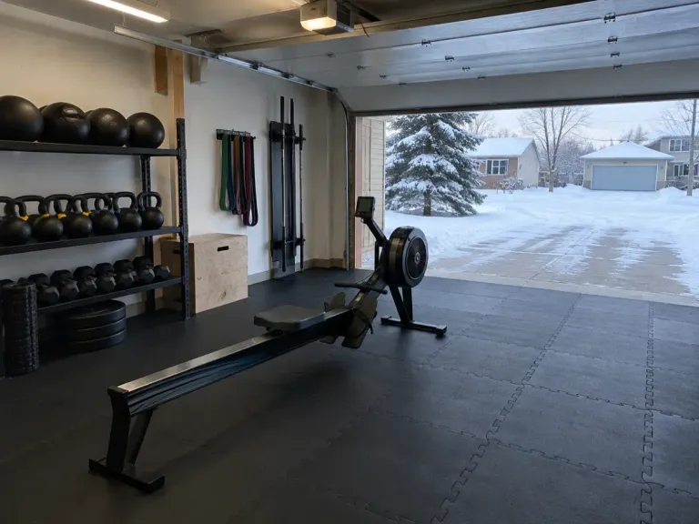 A garage home gym with black interlocking rubber floor tiles and a rowing machine, the door open to a snowy driveway.