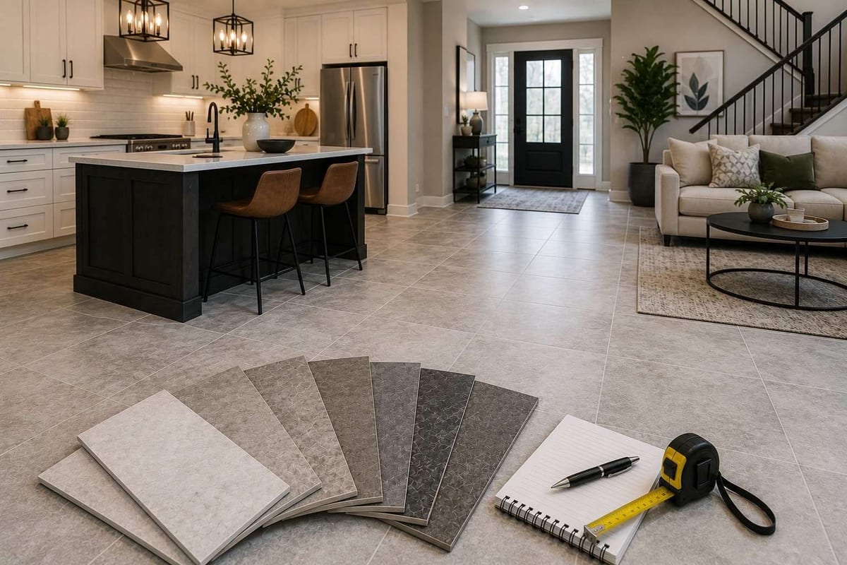 Tile samples in white, grey and charcoal fanned on a grey tile floor in a kitchen and entryway.