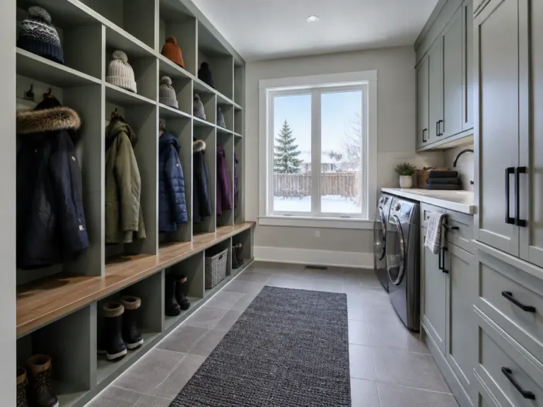 A mudroom with custom built-in cabinets, cubbies holding winter coats and a bench.